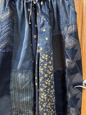 Patchwork Indigo Denim capri Barrel  wide leg  pants with Floral Accents